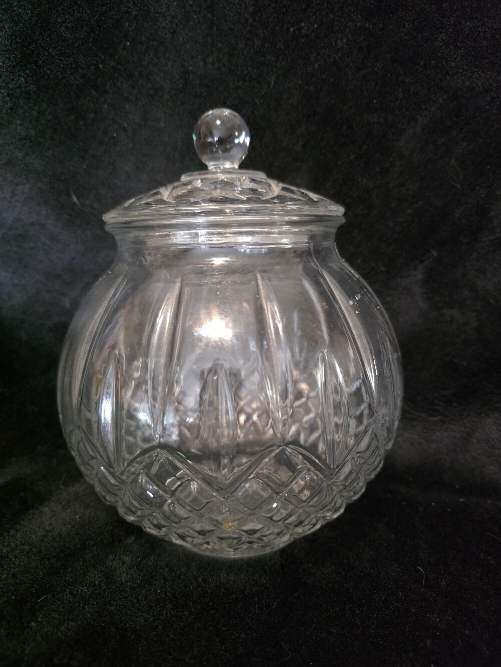 Vintage KIG Indonesian Tip/Biscuit  Jar with Lid Clear Glass Stamped Clear Glass